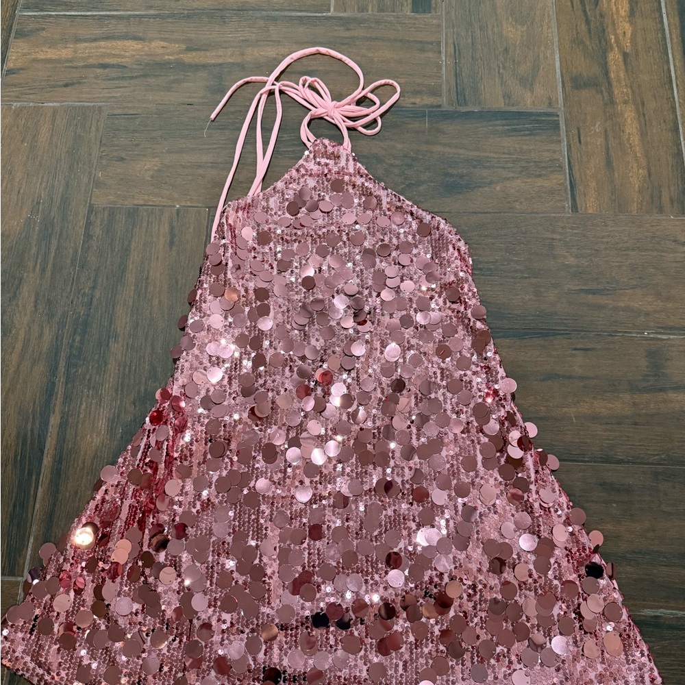 NWT Rose Gold/light pink halter style Sequin Mini Dress - Picture 4 of 6